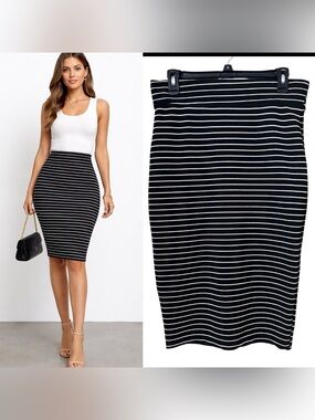 Fig & Blu‎ 90's Y2K Striped Black White Ribbed Knit Stretch Pencil Skirt Small